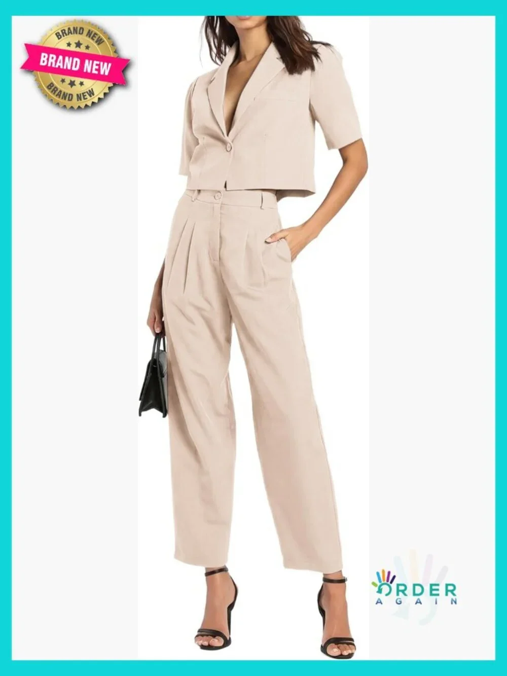 Cropped Blazer Wide Leg Pants Set Business Casual Office Outfit Polyester